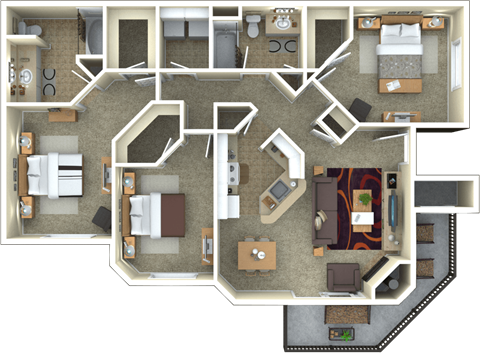Floor plan for 3 beds, 2 baths, 1390 sqft